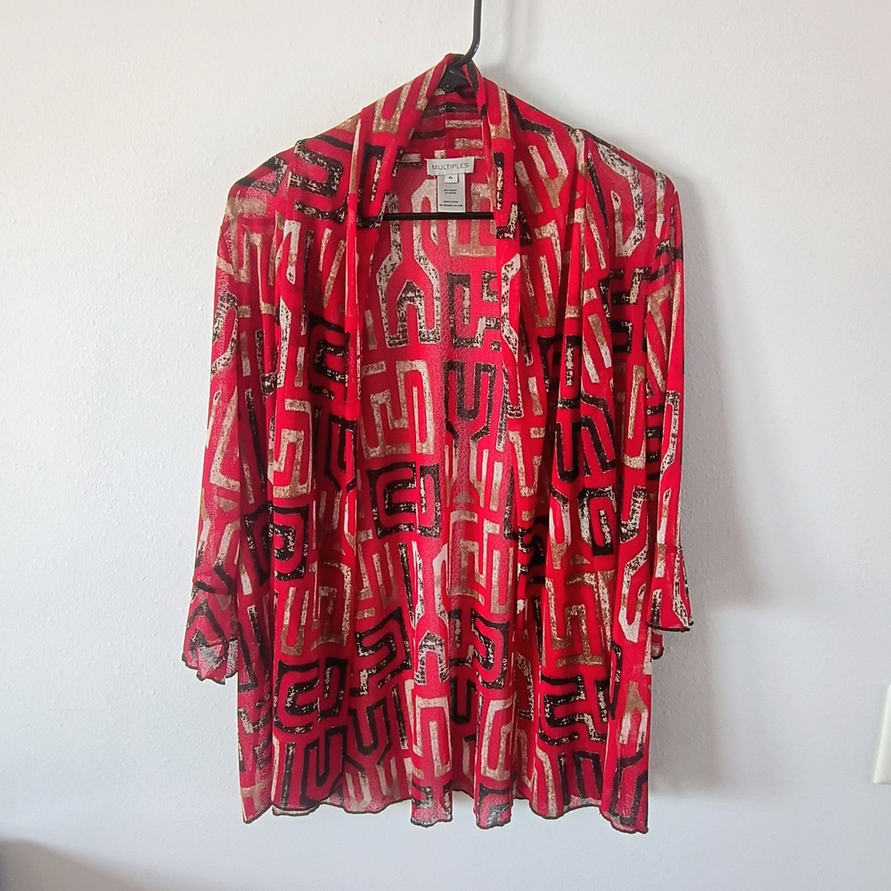 Multiples Red Geometric Abstract Open Front Cardigan Lightweight Women PL